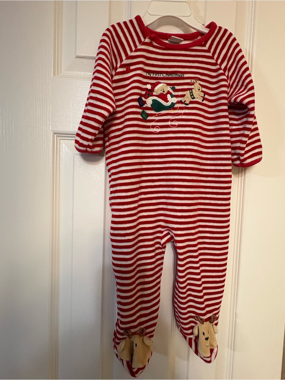 Little Me Red & White Striped Holiday Footie with Reindeer Accents
